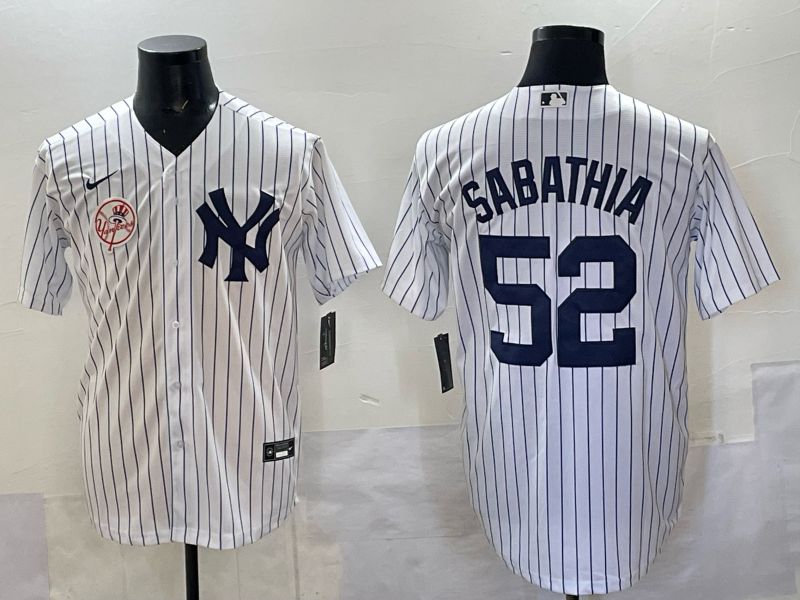 Men New York Yankees 52 Sabathia White Stripe Nike MLB 2025 Jersey 010